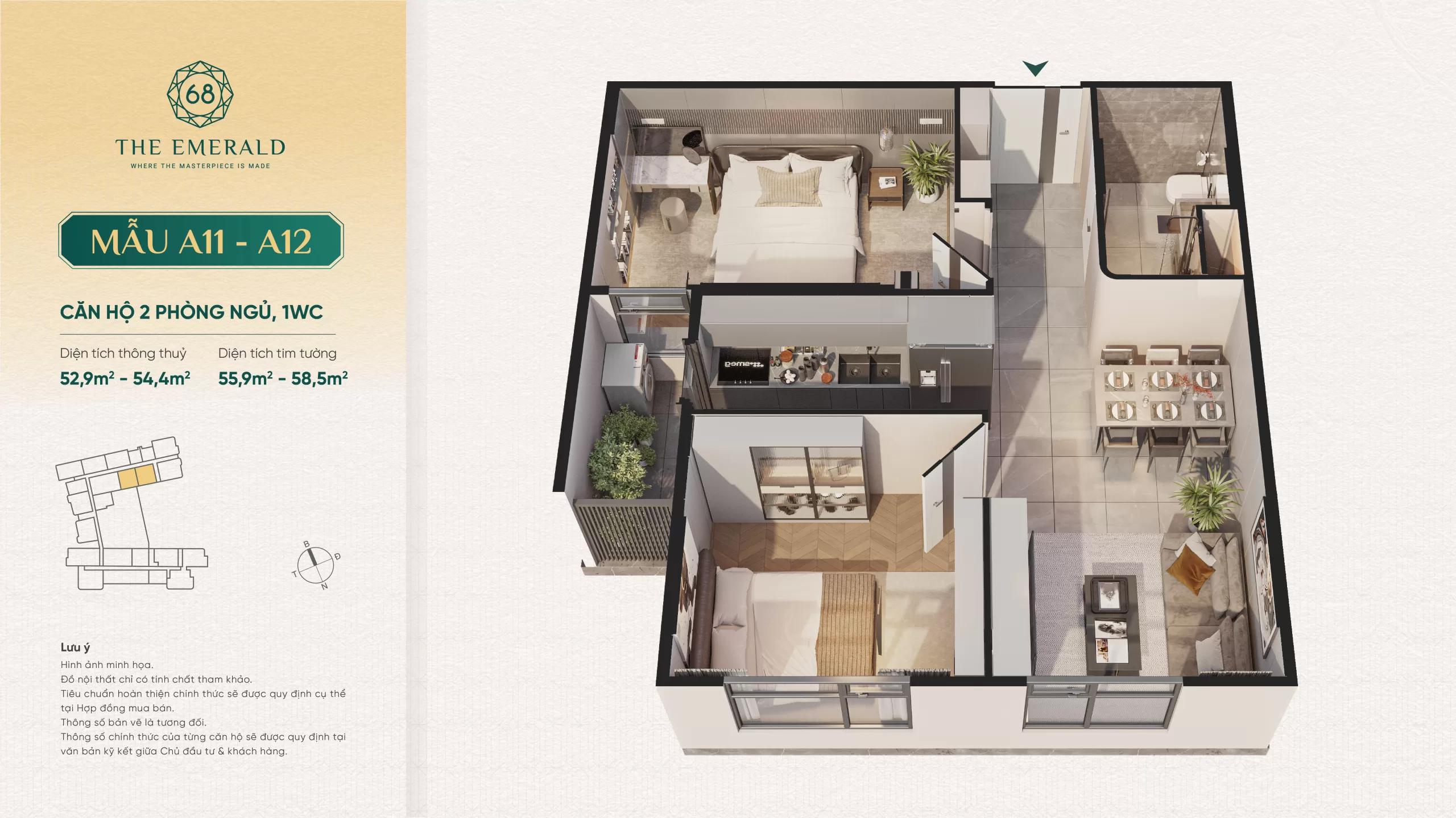 Căn hộ 2PN 1WC 58.5m2